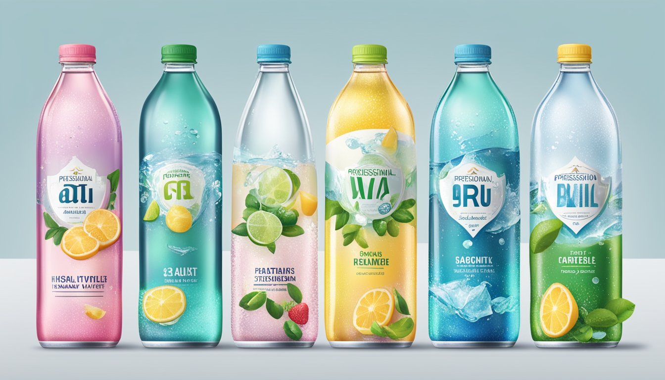 Various sparkling water brands displayed with health labels and ingredients