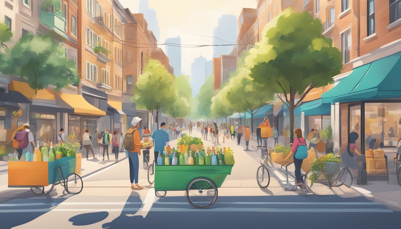 A bustling city street with people enjoying outdoor activities, surrounded by recyclable sparkling water bottles and eco-friendly packaging