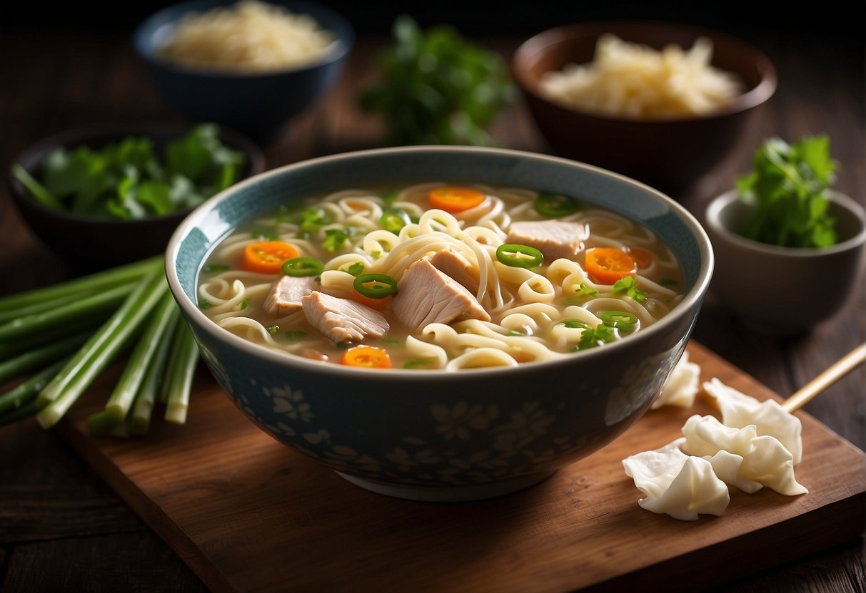 A steaming bowl of chicken noodle soup is placed on a wooden table, garnished with fresh green onions and served with a pair of chopsticks on the side