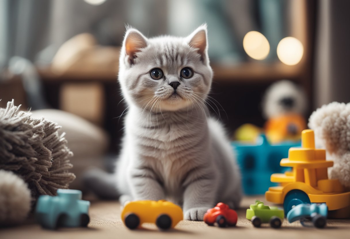 A fluffy British Shorthair kitten sits next to a price tag, surrounded by toys and a cozy bed