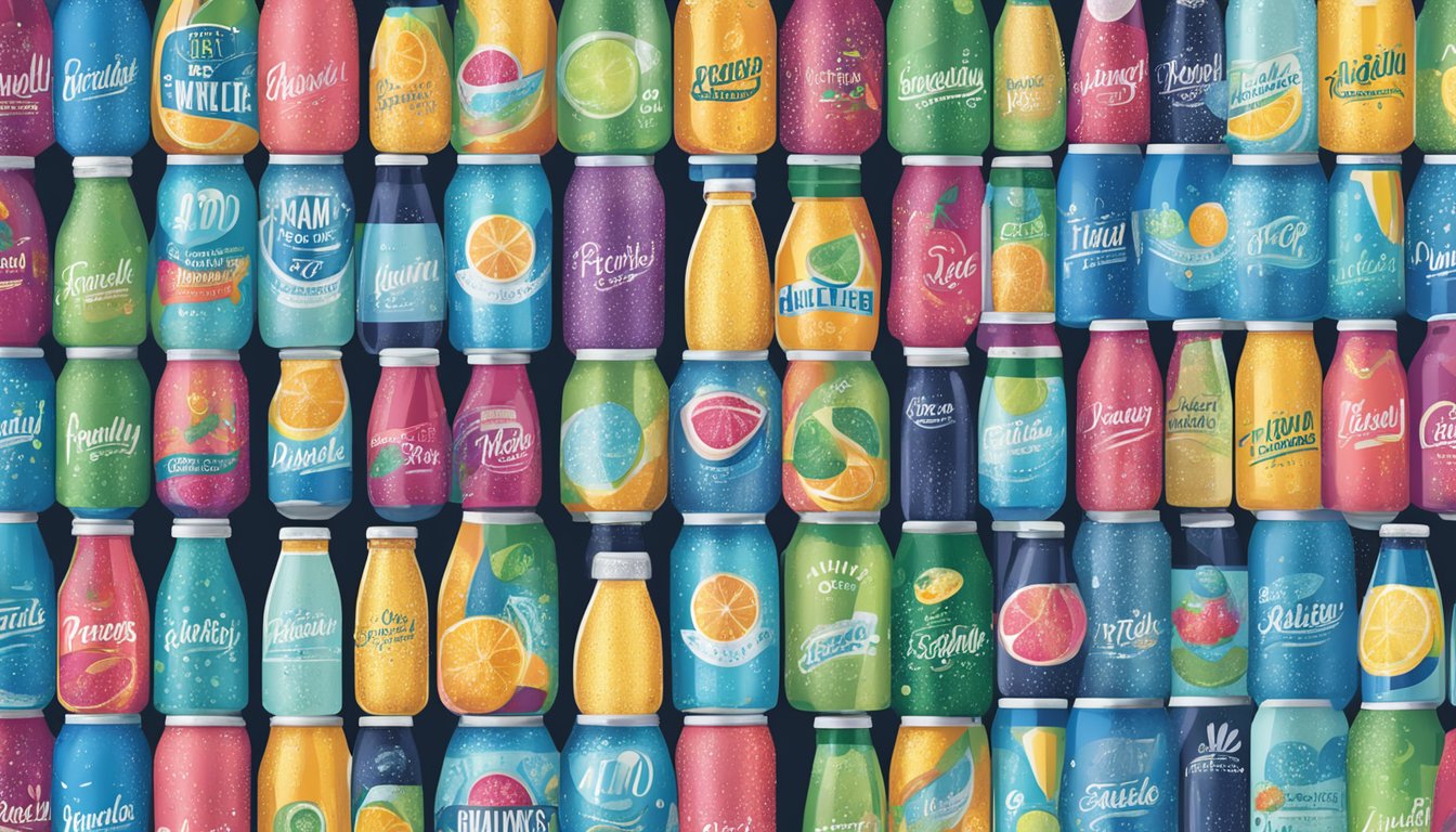 Various sparkling water brands arranged on a shelf, with colorful and eye-catching packaging. A sign above reads "Frequently Asked Questions" in bold lettering