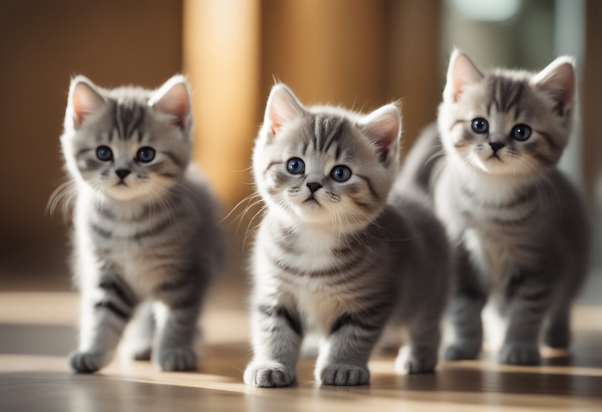 A litter of British Shorthair kittens playfully exploring a sunlit room, their fluffy coats and round faces exuding charm and innocence