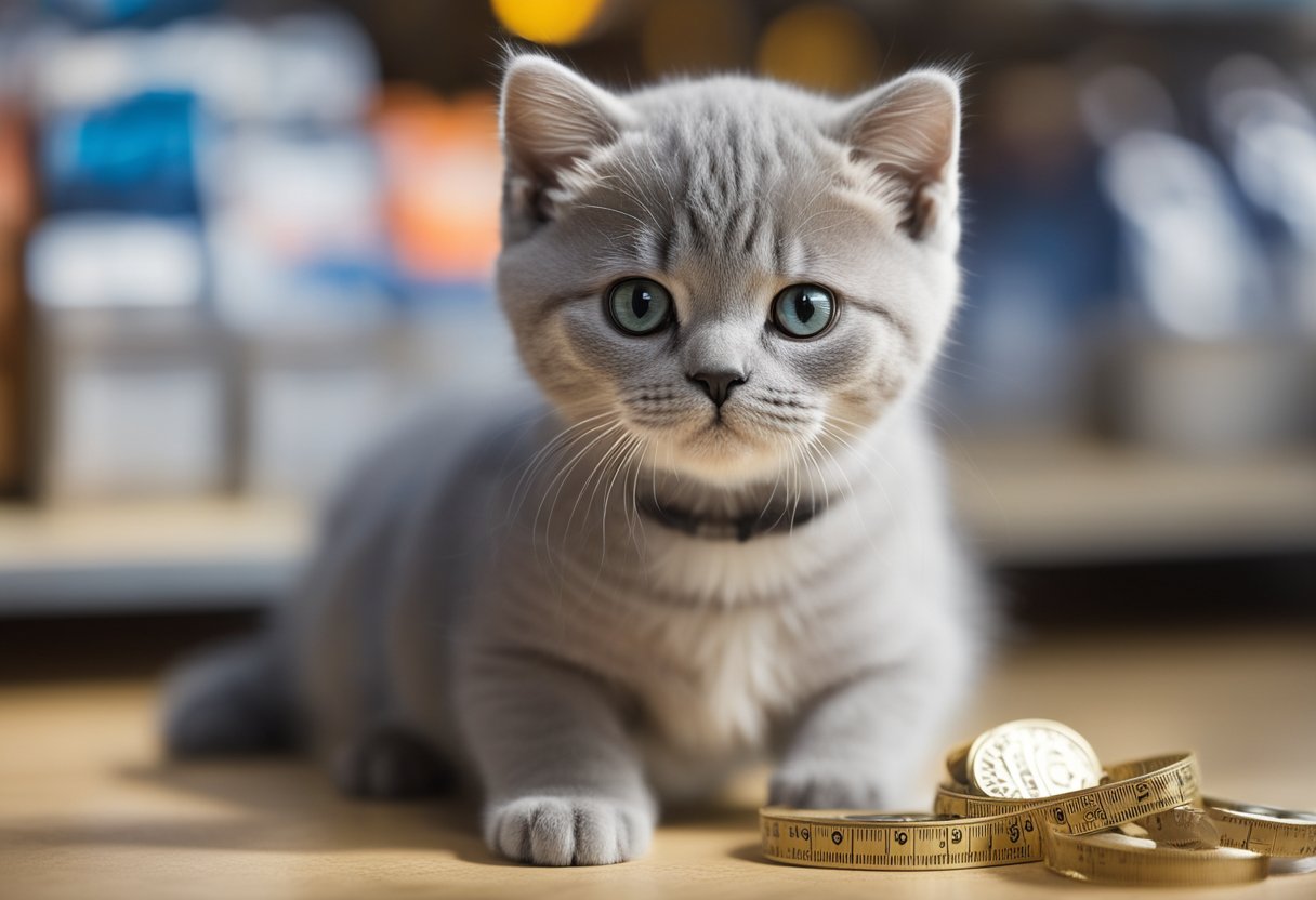 A British Shorthair kitten sits next to a price tag, surrounded by various factors influencing its cost, such as breed, age, and pedigree