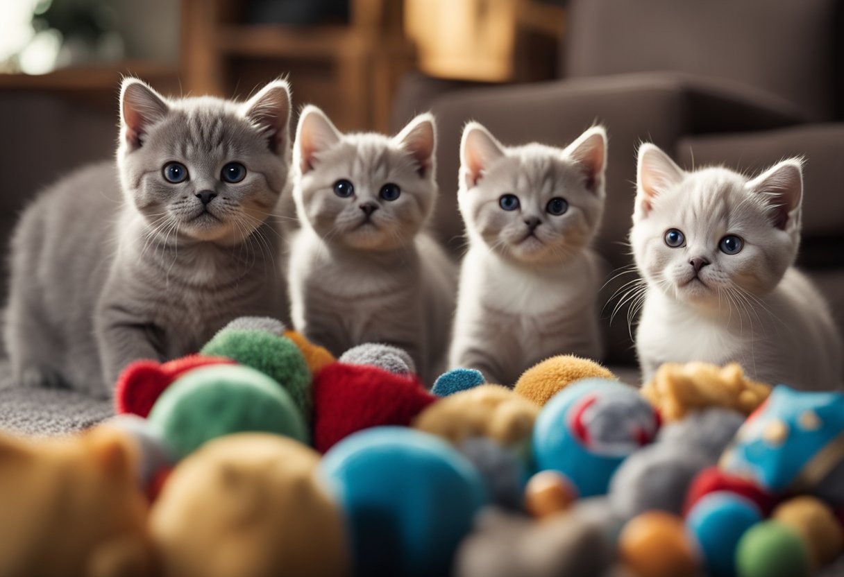A litter of British Shorthair kittens playing in a cozy living room, surrounded by toys and blankets, with a price range sign displayed nearby