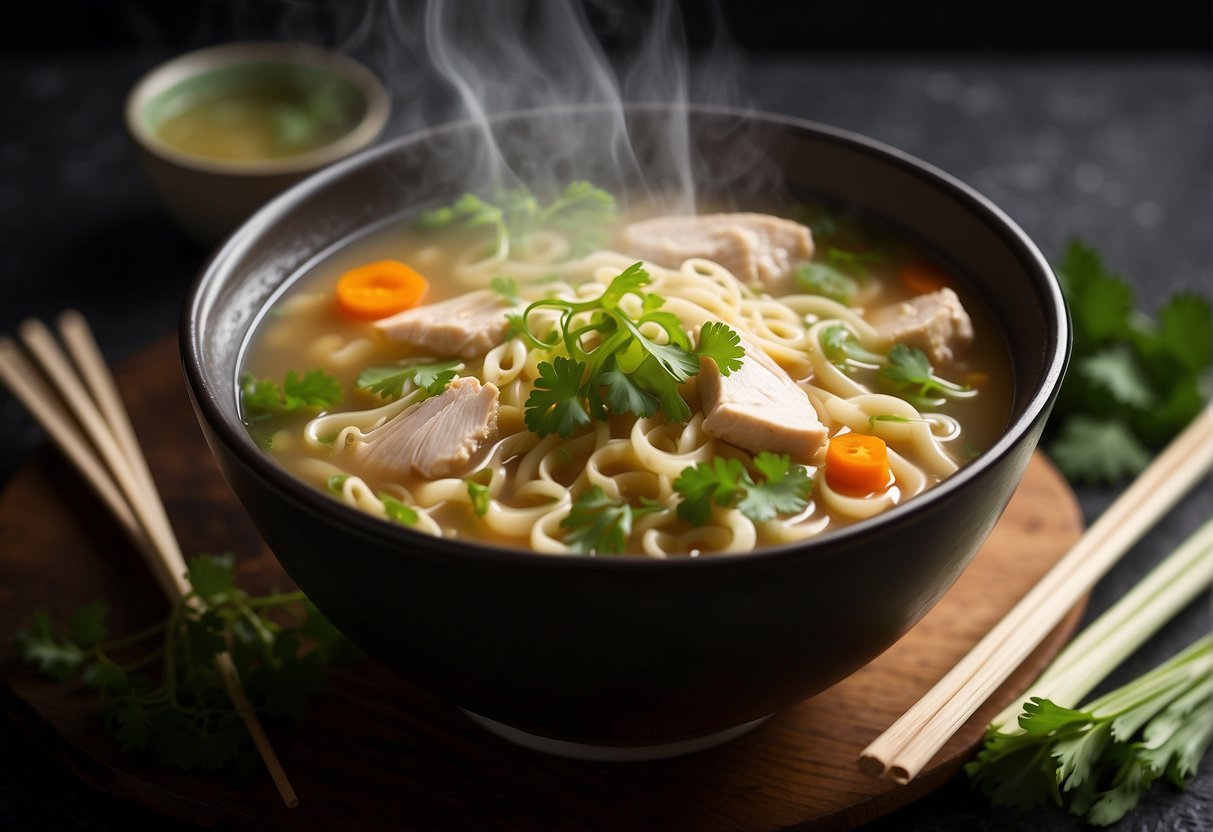 A steaming bowl of chicken noodle soup sits on a table, surrounded by chopsticks and a spoon. Steam rises from the bowl, and the soup is garnished with green onions and cilantro