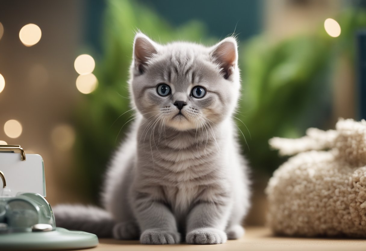 A British Shorthair kitten sits beside a price tag showing the initial costs of ownership. The kitten's fluffy coat and round face are highlighted in the illustration
