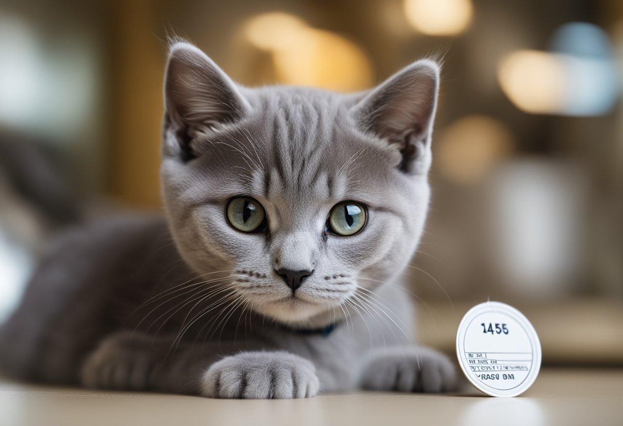 A British Shorthair kitten sits next to a price tag showing the cost of long-term care