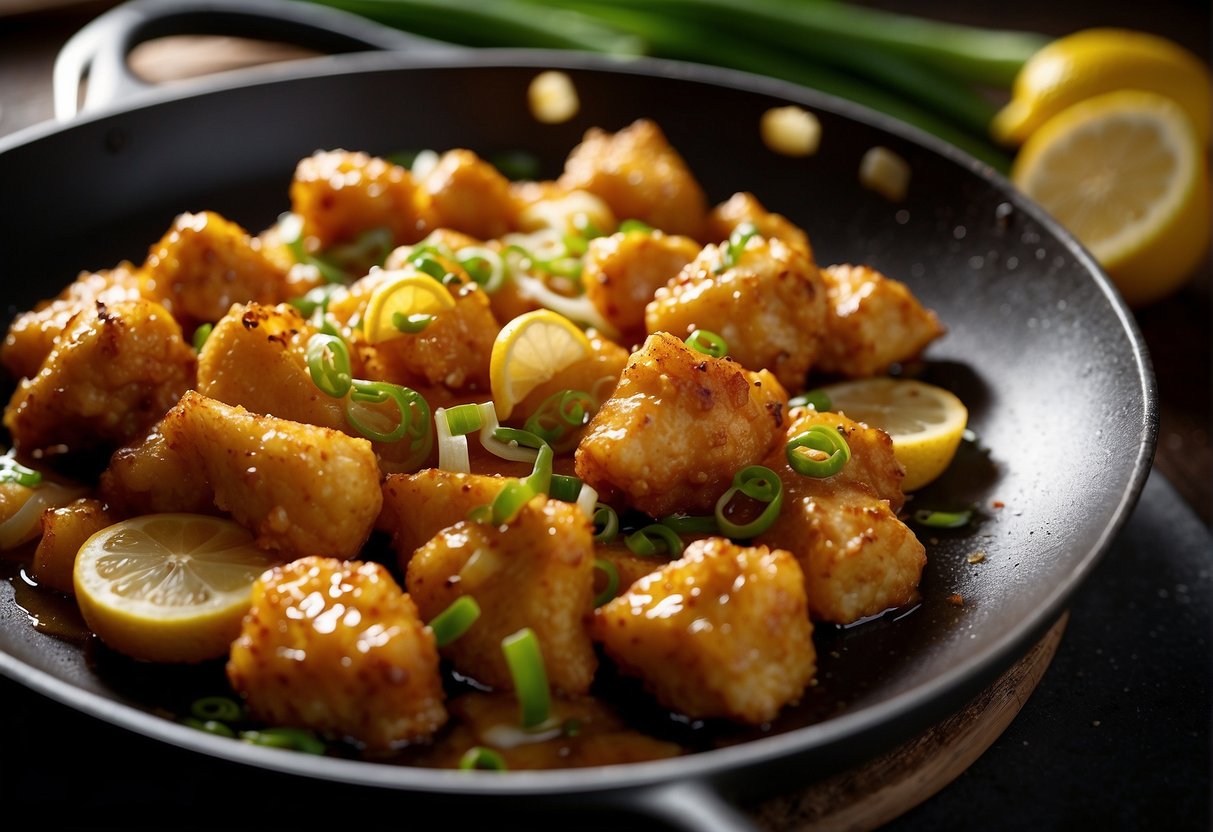 A wok sizzles with golden battered chicken pieces coated in tangy lemon sauce, garnished with fresh lemon slices and green onions