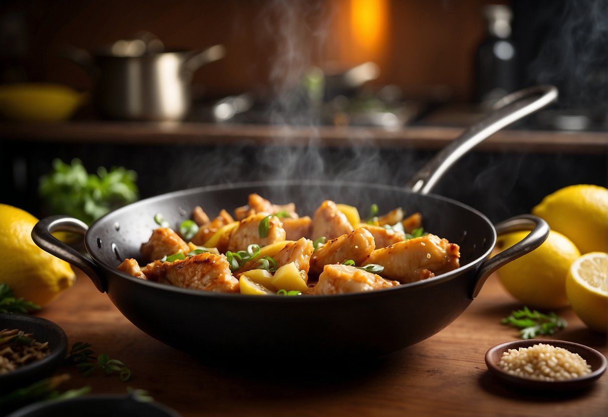 A sizzling wok with golden-brown chicken pieces, coated in a glossy lemon sauce. Surrounding ingredients like lemon wedges, garlic, and soy sauce are neatly arranged on a kitchen counter