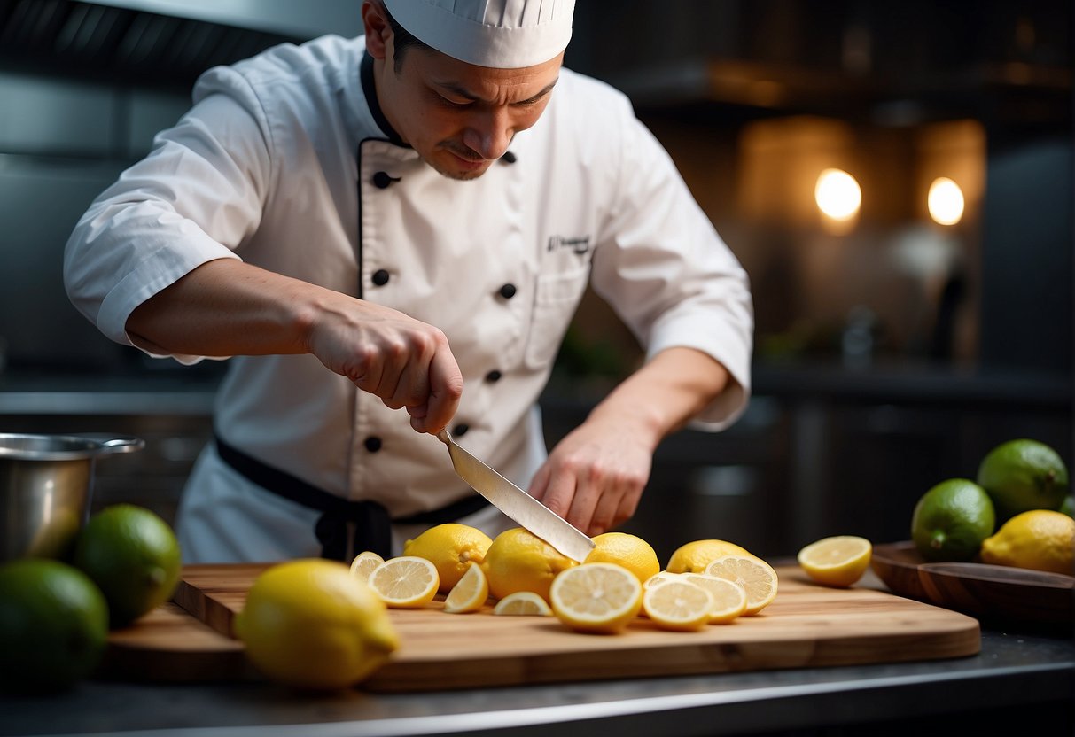 A chef slicing fresh lemons and marinating chicken in a flavorful sauce for a Chinese takeaway lemon chicken recipe