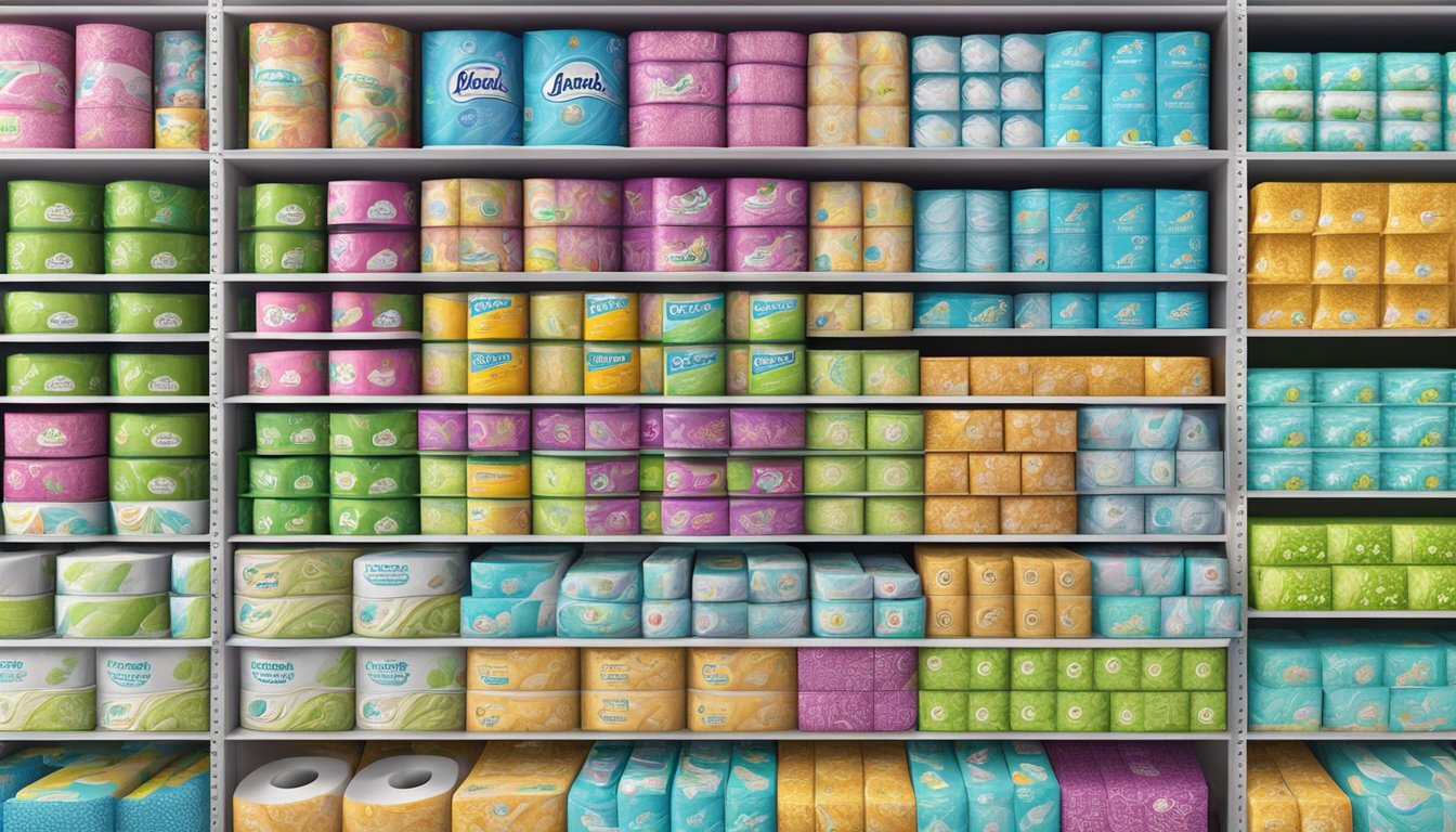 Various toilet tissue brands stacked on a shelf, with colorful packaging and different sizes