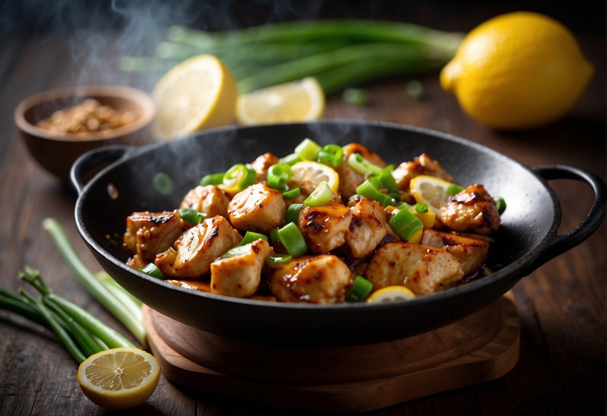 Sizzling wok stir-frying marinated chicken with lemon sauce and garnished with lemon slices and green onions