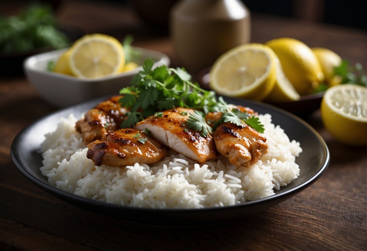 A plate of Chinese takeaway lemon chicken with a side of steamed rice and a garnish of sliced lemon and fresh cilantro
