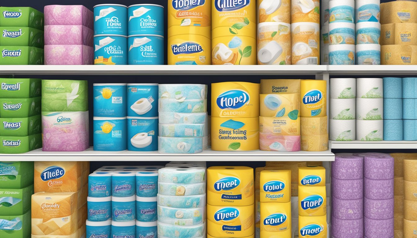 A display showcasing various top toilet tissue brands on a shelf in a well-lit grocery store aisle
