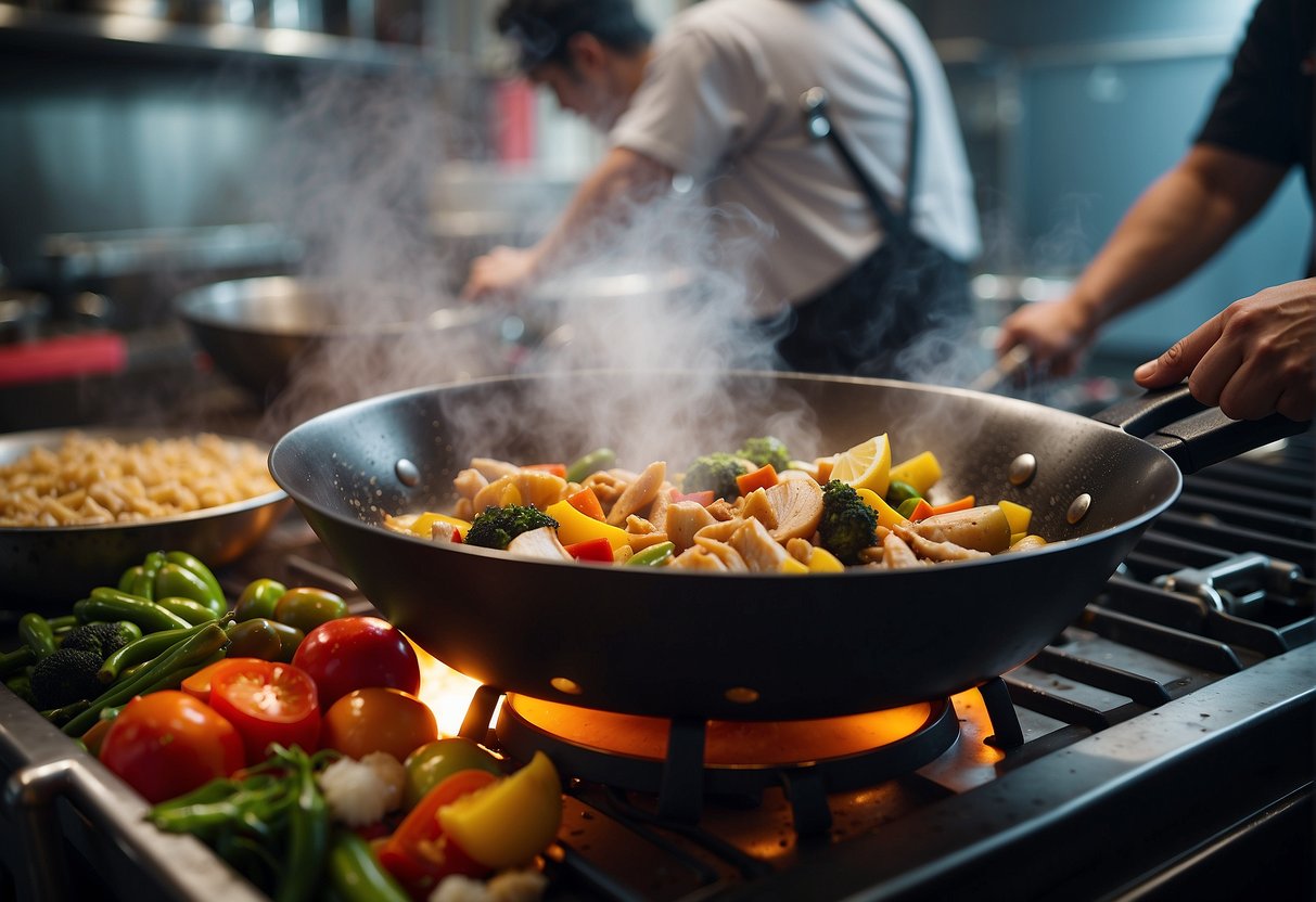 A chef in a bustling kitchen, stir-frying chicken, lemon slices, and colorful vegetables in a sizzling wok, surrounded by steaming pots and pans