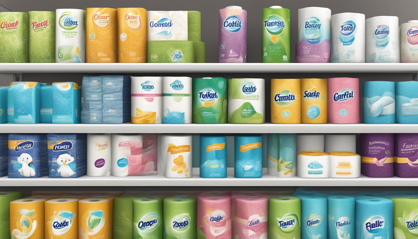A variety of toilet tissue brands displayed on a shelf, with different packaging and textures, surrounded by symbols of cleanliness and comfort