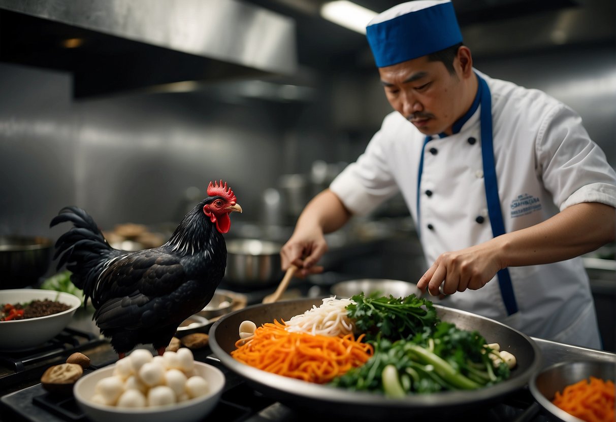 A black chicken is being prepared with Chinese ingredients in a bustling kitchen. A wok sizzles as the chef tosses in spices and vegetables