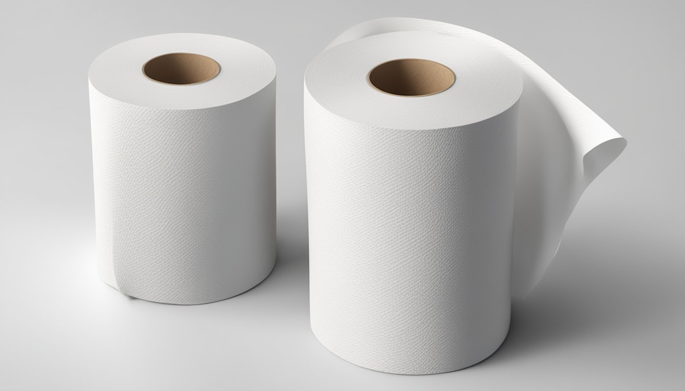 Two toilet tissue rolls, one labeled "Ply" and the other "Texture," sit side by side on a clean, white surface. The "Ply" roll appears smooth, while the "Texture" roll has a visibly rougher surface