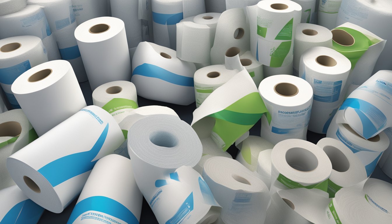 A roll of toilet tissue placed next to a septic system, with various toilet tissue brands displayed in the background