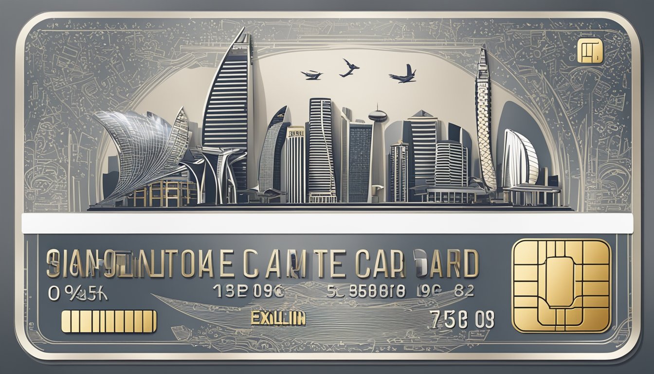 A luxurious credit card surrounded by iconic Singapore landmarks and symbols, with a sleek and modern design reflecting prestige and exclusivity