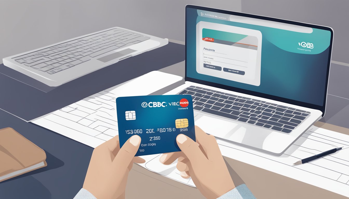 A hand holding an OCBC Premier Visa Infinite Credit Card, with a laptop showing the online application process in the background