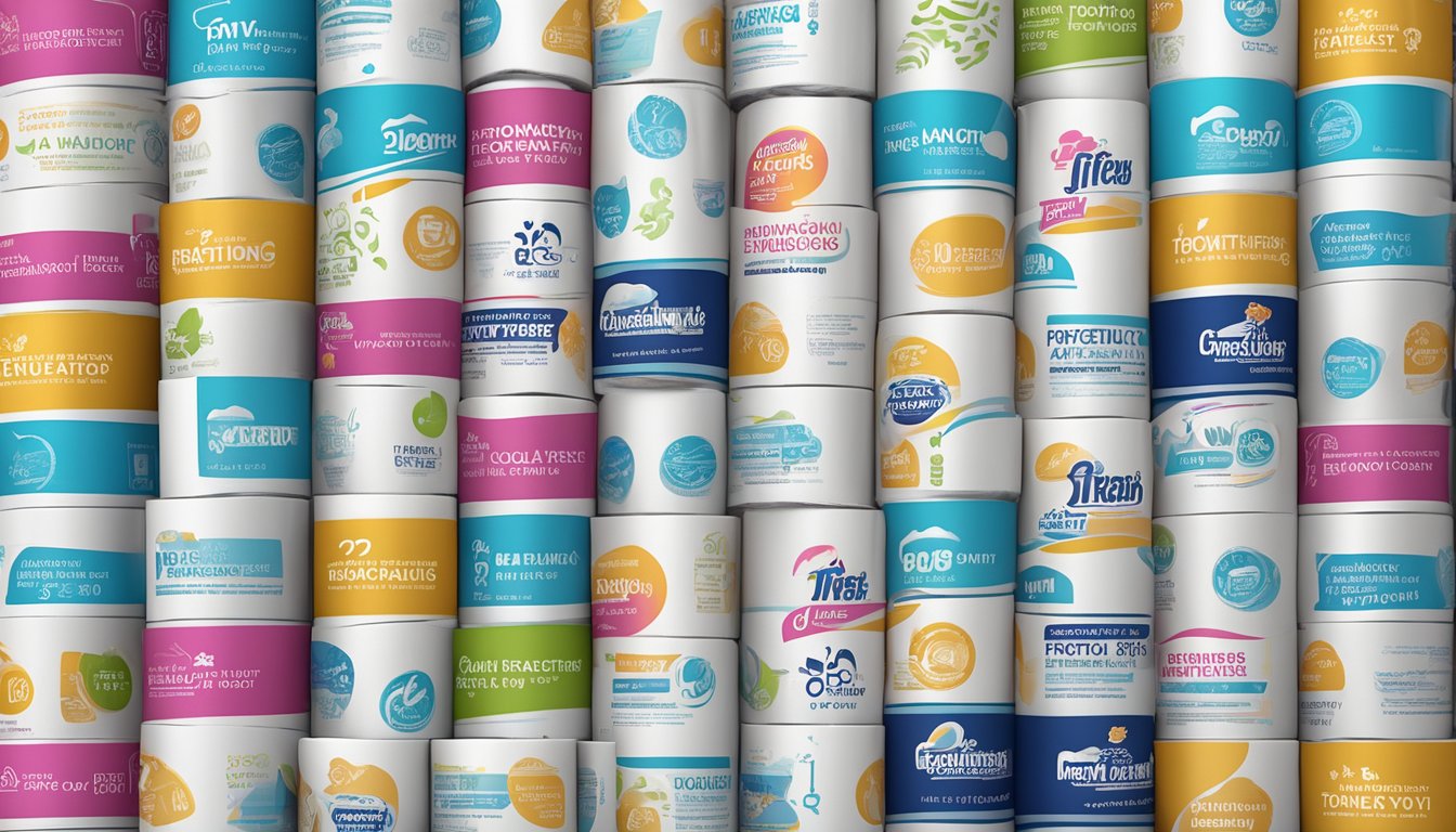A stack of toilet tissue rolls with "Frequently Asked Questions" printed on the packaging, surrounded by various brand logos