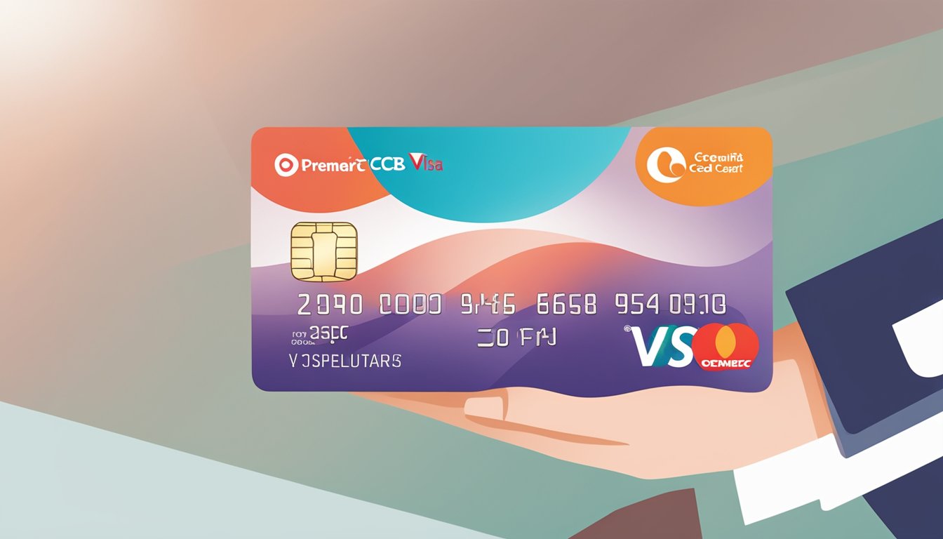 A hand holding an OCBC Premier Visa Infinite Credit Card, with rewards and benefits displayed around it