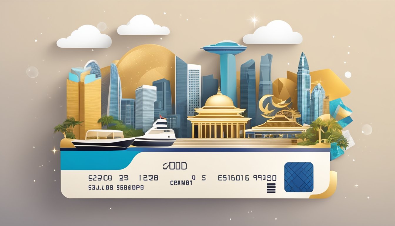 A luxurious credit card surrounded by elegant Singaporean landmarks and symbols