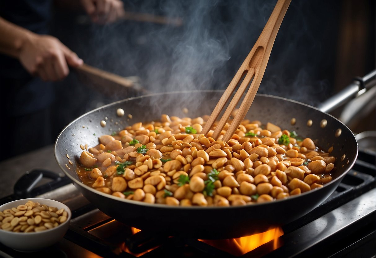 A wok sizzles with fragrant satay sauce, filled with peanuts, garlic, and spices. A wooden spoon stirs the mixture, releasing a savory aroma