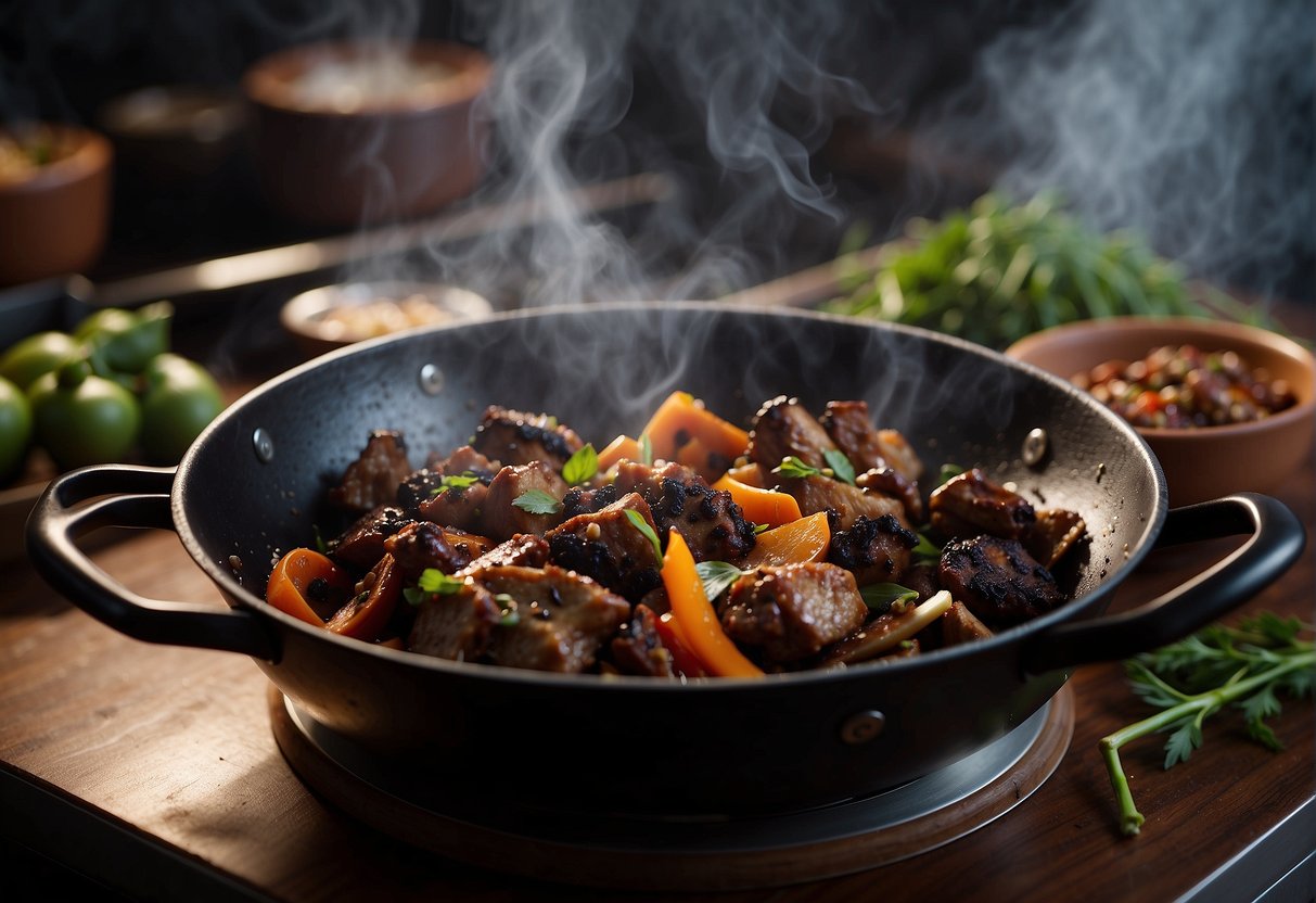 A wok sizzles as black chicken simmers in a fragrant mix of Chinese spices and herbs. Steam rises, filling the air with mouthwatering aromas