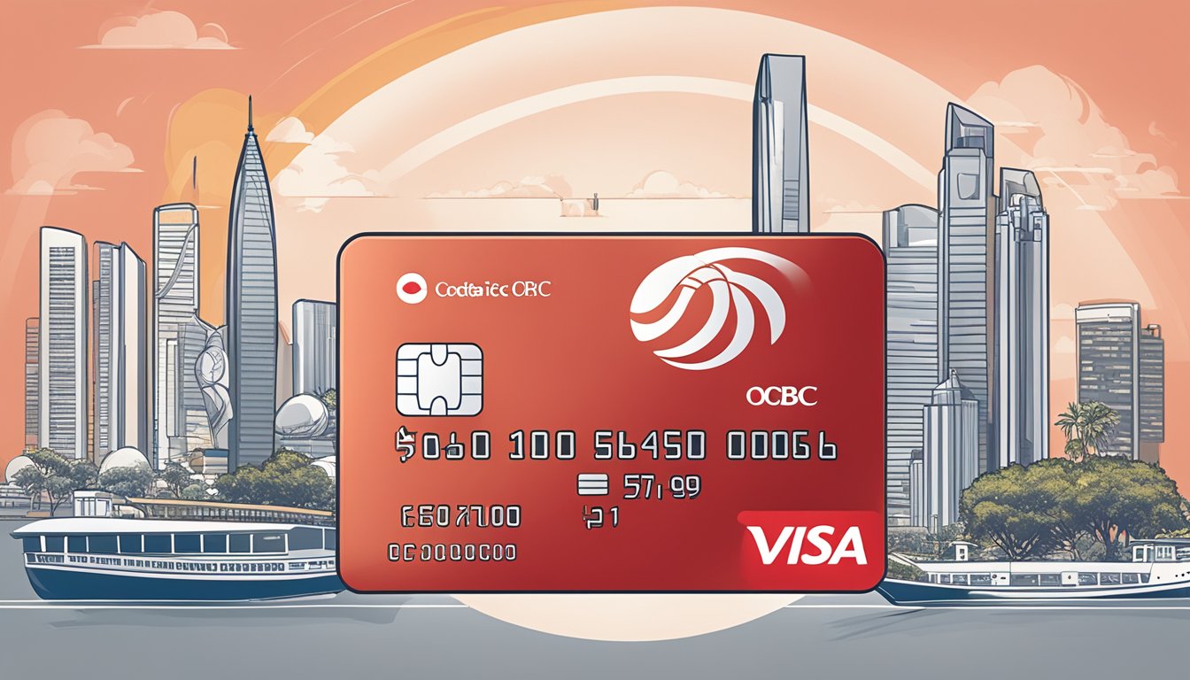 An elegant credit card with the OCBC Premier Visa Infinite logo, set against a backdrop of iconic Singapore landmarks