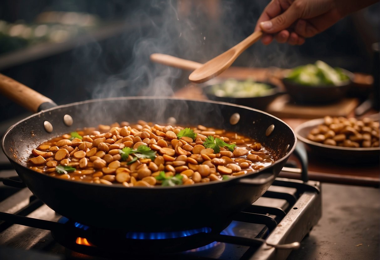 A wok sizzles as satay sauce simmers, filled with peanuts, garlic, soy sauce, and a hint of sweetness. A wooden spoon stirs the fragrant mixture, releasing a tantalizing aroma