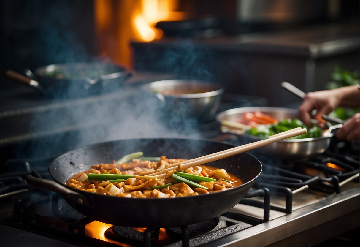 A wok sizzles as ingredients for Chinese takeaway satay sauce are mixed and simmered over a gas stove