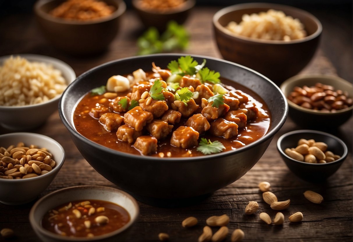 A steaming bowl of satay sauce sits on a wooden table, surrounded by small dishes of chopped peanuts and chili flakes. A pair of chopsticks rests on the side, ready to be used