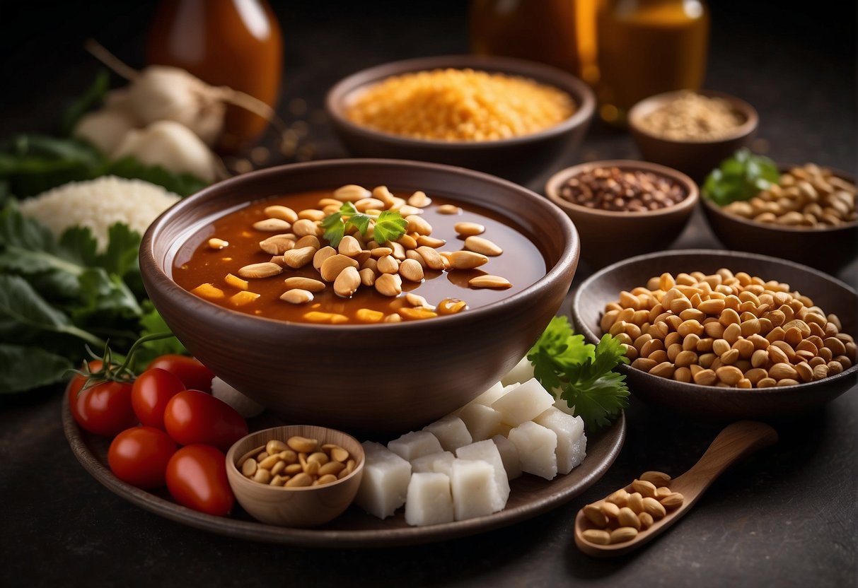 A table with a bowl of satay sauce, surrounded by ingredients like peanuts, soy sauce, and spices. A nutrition label showing calories, fat, and other nutritional information is placed next to the bowl