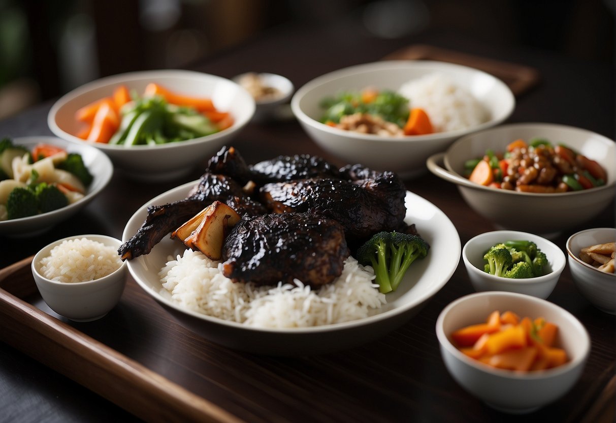 A black chicken dish is being served with Chinese side dishes, such as stir-fried vegetables and steamed rice, on a traditional dining table