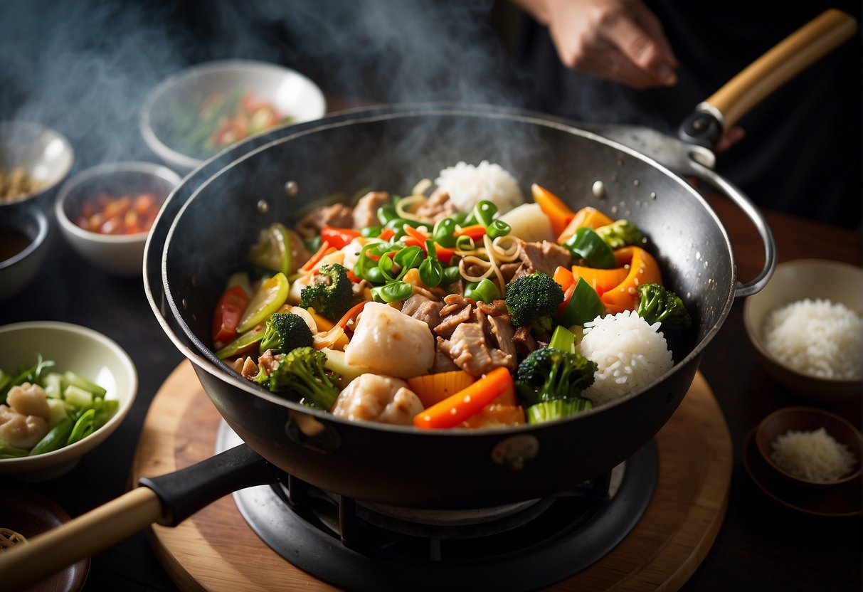 A wok sizzles with stir-fried vegetables and meats, while steam rises from white rice and dumplings sit on a bamboo steamer