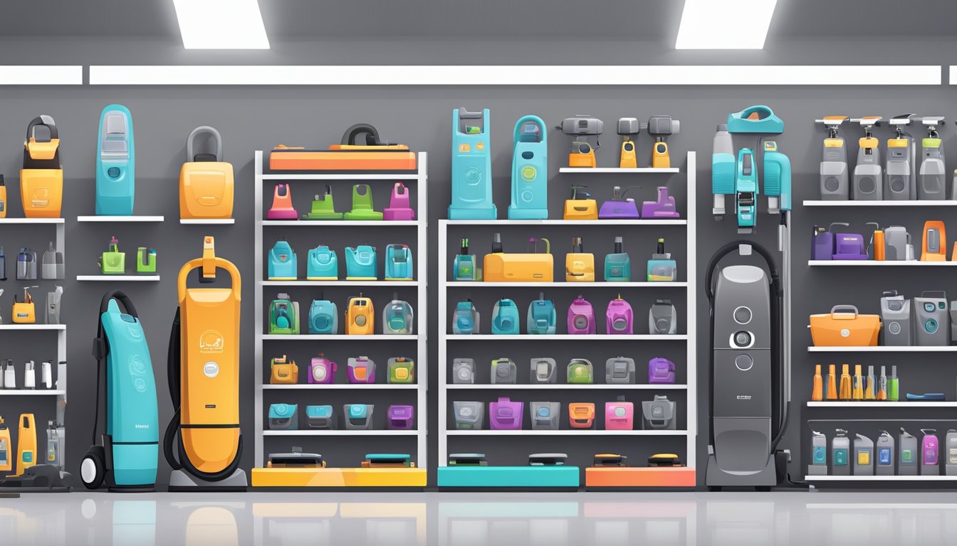 Various vacuum cleaner brands displayed on shelves in a bright, modern store. Different models and sizes are showcased, with colorful logos and sleek designs