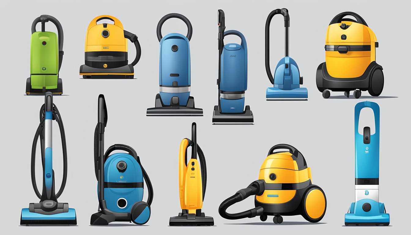 Various vacuum cleaner types on display, including upright, canister, and robotic models. Different brands showcased with their unique features and designs