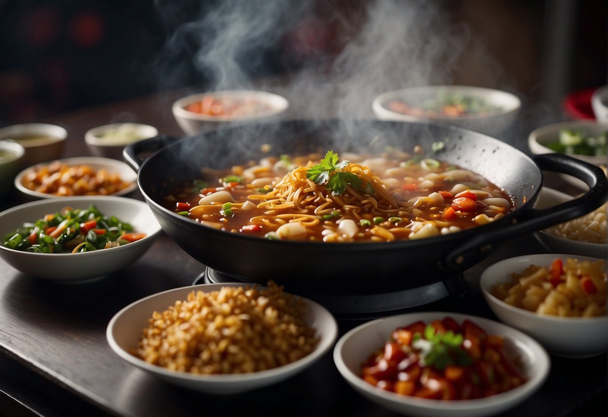 A table with various Chinese sauces, ingredients, and cooking utensils. A wok sizzling with sauce. Steam rising from a plate of stir-fried food