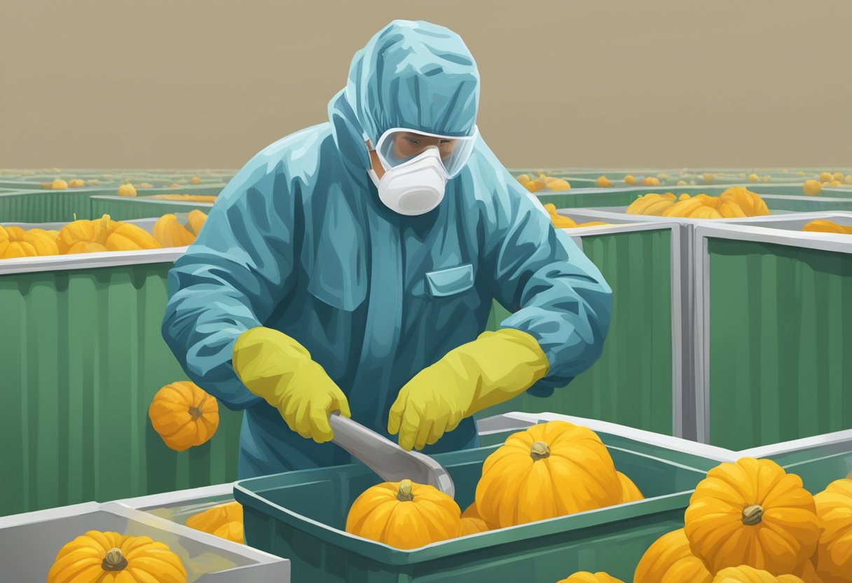 A person in protective gear disposing of toxic squash in a sealed container