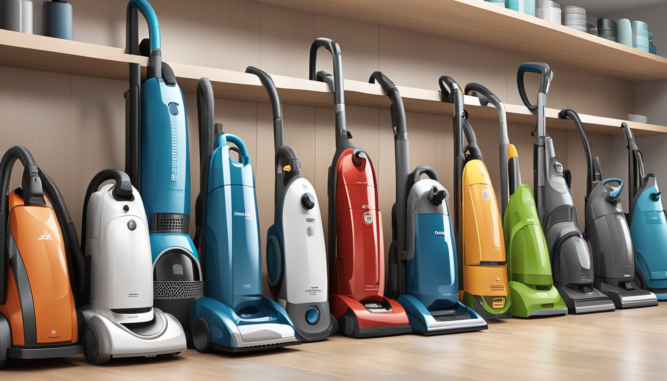 Various vacuum cleaner models lined up on shelves, displaying prominent brand logos