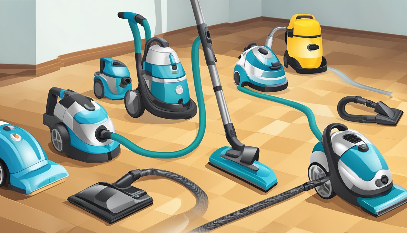A vacuum cleaner is shown cleaning various surfaces such as carpets, hardwood floors, and tile. Different brands of vacuum cleaners are displayed in the background