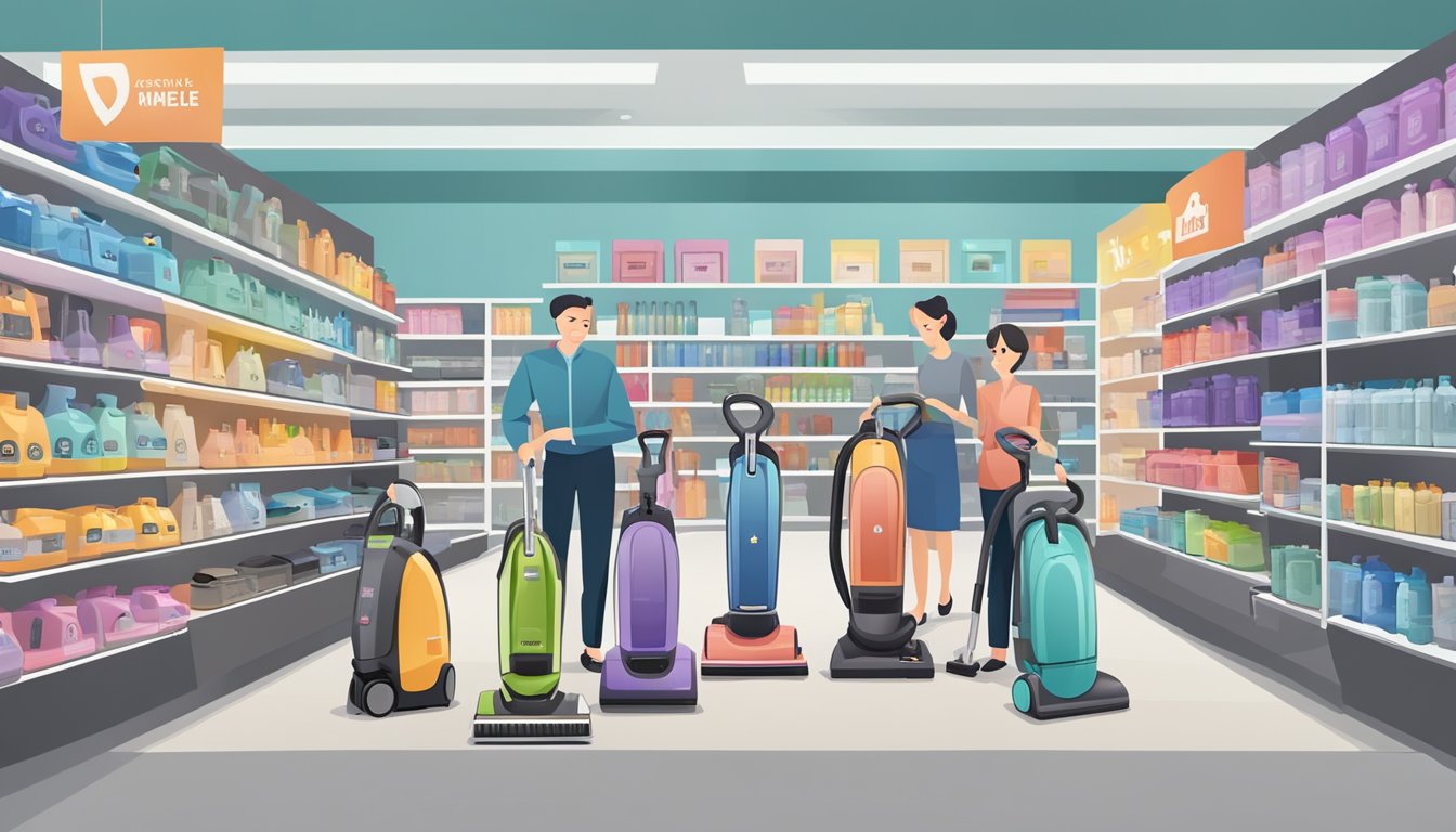Multiple vacuum cleaner brands displayed in a retail store, with various models, colors, and features. Customers are browsing and comparing products