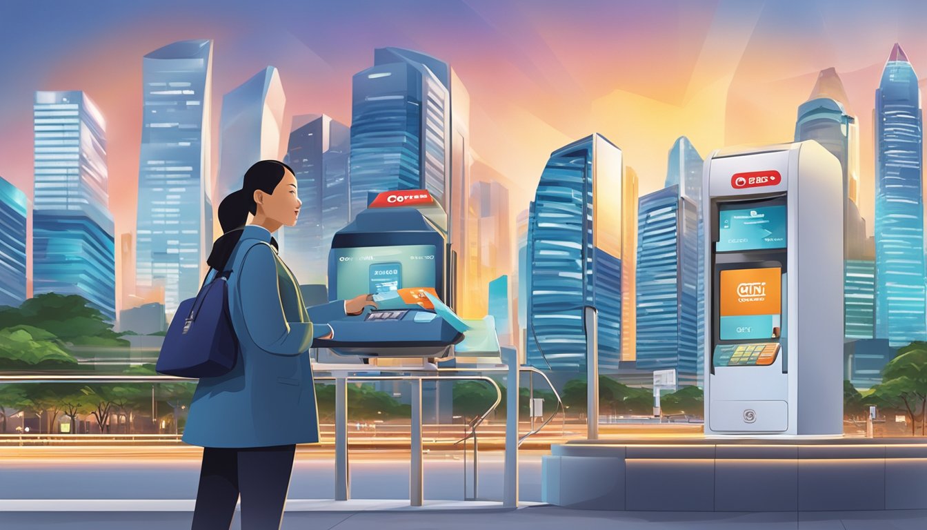 The OCBC NXT Credit Card is being swiped at a modern payment terminal in a bustling Singaporean cityscape. The card's sleek design and futuristic features are highlighted in the vibrant urban setting
