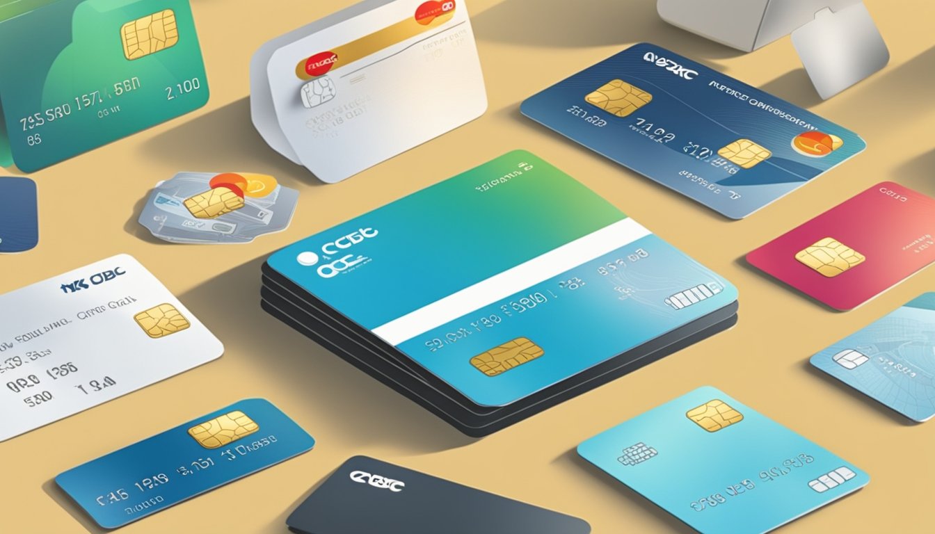The OCBC NXT Credit Card sits on a sleek, modern table surrounded by various rewards and benefits such as travel vouchers, shopping discounts, and cashback offers
