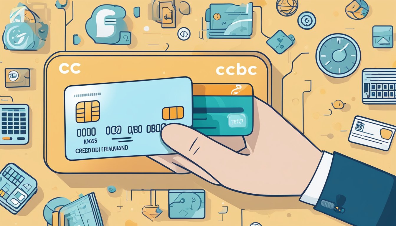 A hand holding an OCBC NXT Credit Card with financial icons floating around it, symbolizing flexibility and quick access to funds