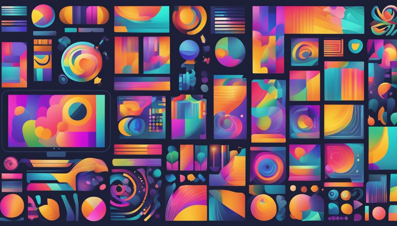 A vibrant, abstract logo emerges from a computer screen, surrounded by various design elements and color palettes