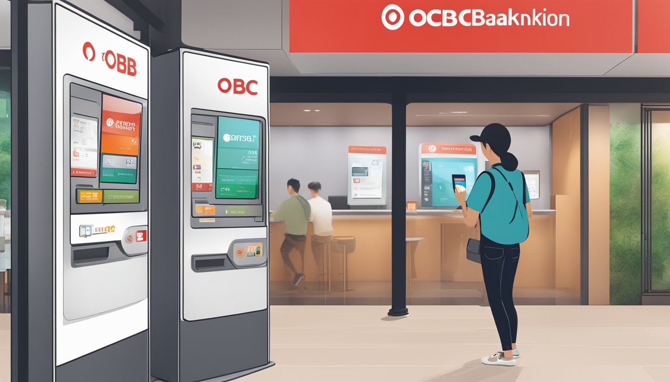 A person swipes an OCBC NXT credit card at a digital banking kiosk in Singapore. The screen displays the card's benefits and features