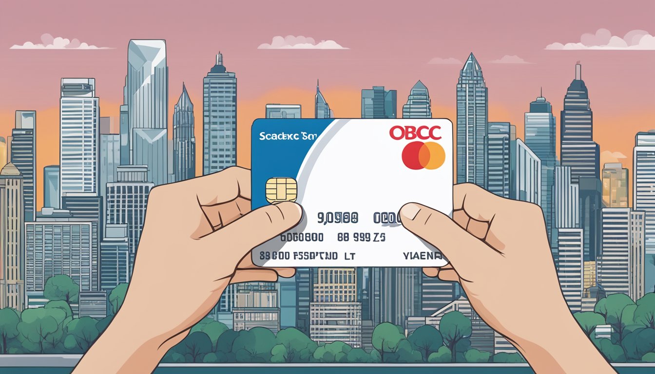 A hand holding an OCBC NXT credit card with a city skyline in the background, showcasing the benefits and features of the card